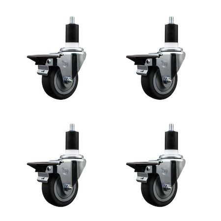 Service Caster 3.5'' Thermoplastic Rubber Swivel 1-1/2'' Expanding Stem Caster Set with Brake, 4PK SCC-EX20S3514-TPRB-PLB-112-4